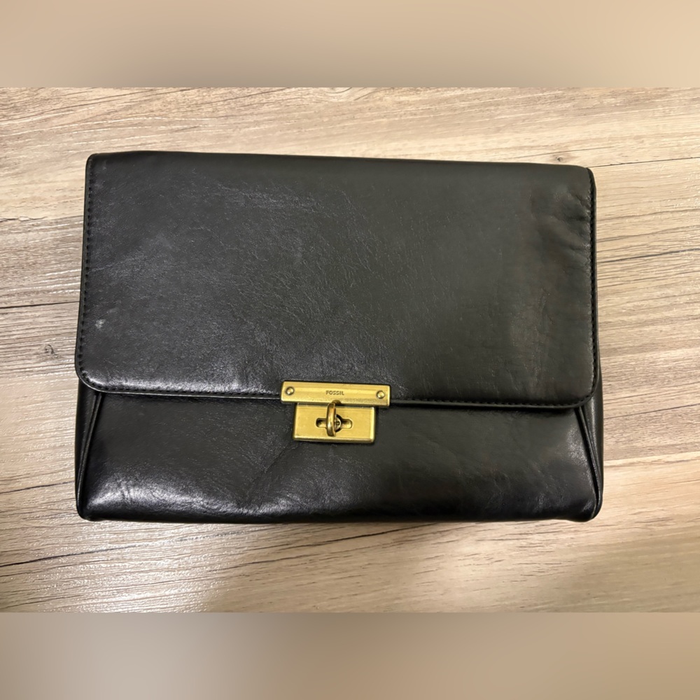 Fossil Black Leather Clutch with Gold Lock